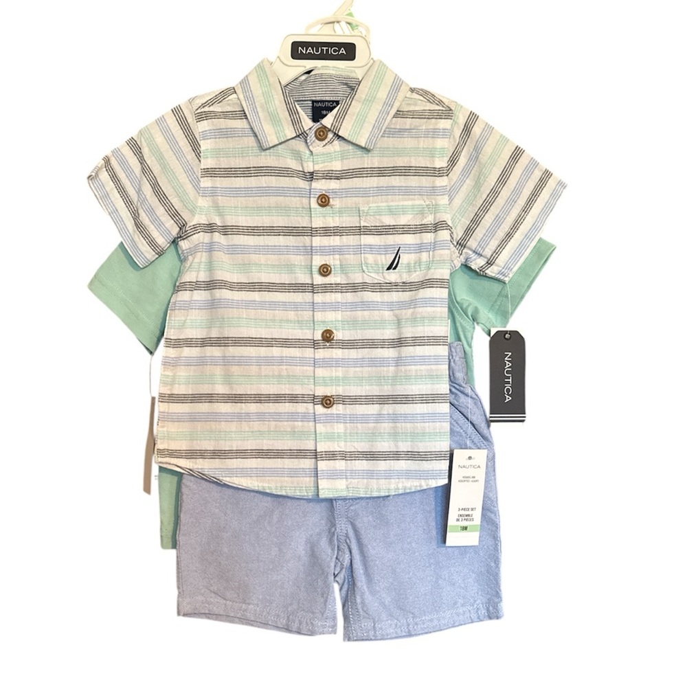 Nautica Kids Striped Button Down Shirt - Blue, Green, and Gray size 18 months